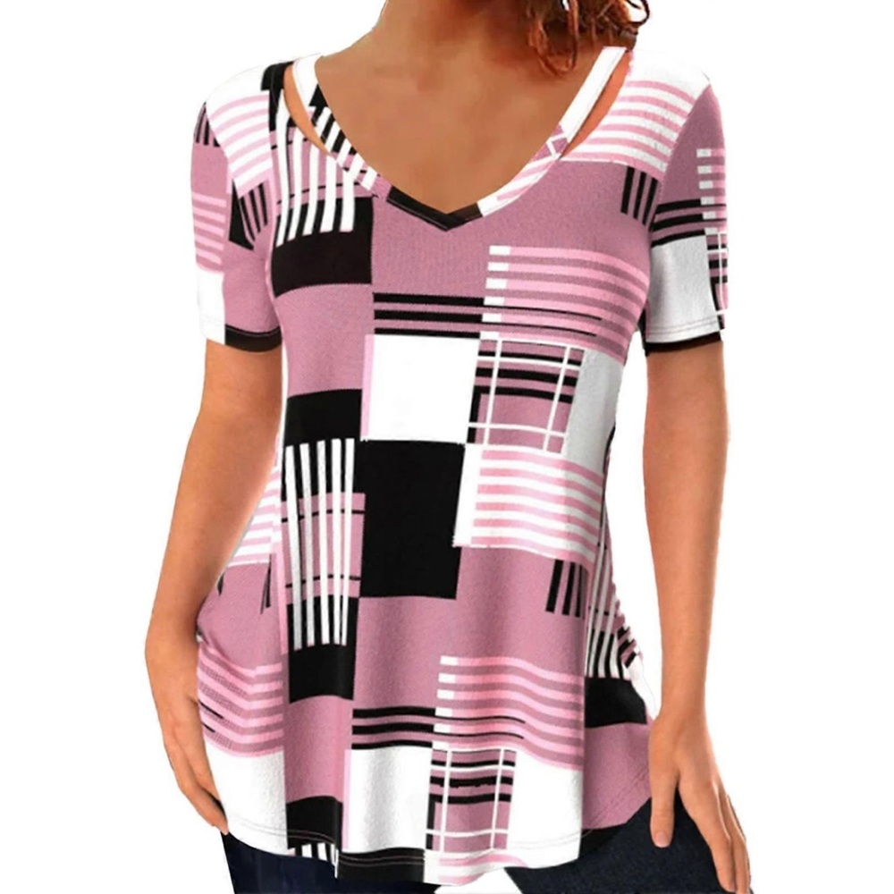 NWT Noracora Hollow Out V Neck Top‎ Geometric Stripes Size Large